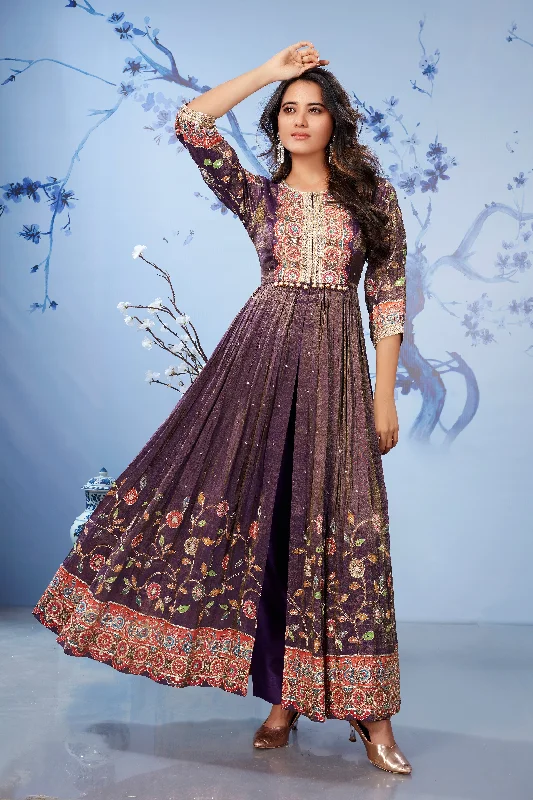 Purple Shimmer Embellished Georgette Silk Kurta Set