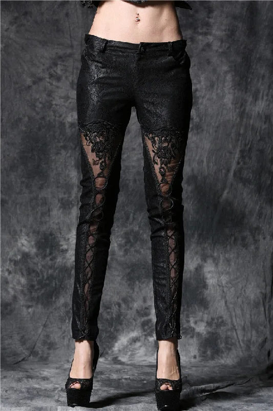 Gothic embossed lace leather pants with sexy flower and cords PW078