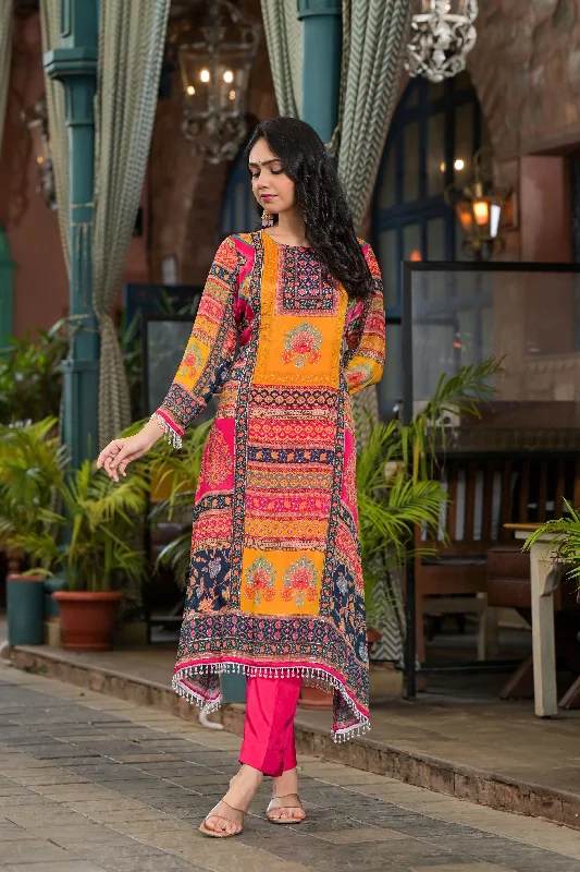 Rani Pink Traditional Printed Chinon Silk Kurta Set