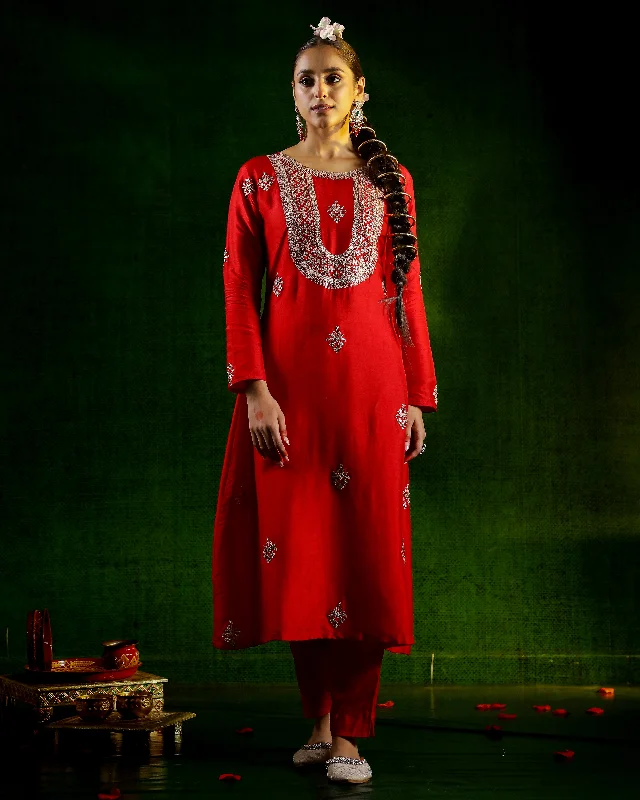 Red Embellished Belgium Silk Kurta Set