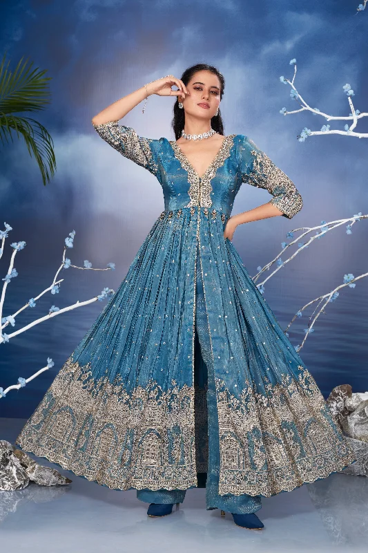 Blue Silver Embellished Premium Silk Anarkali Set