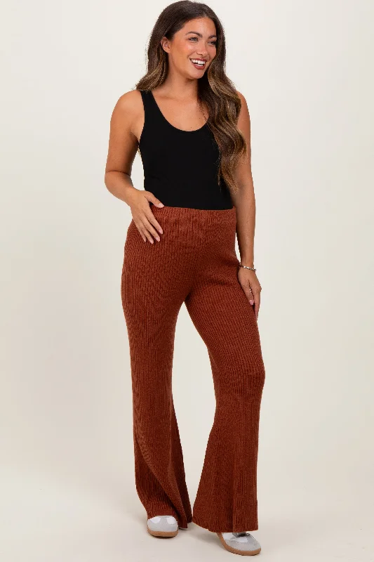 Rust Ribbed Knit Maternity Flare Pants