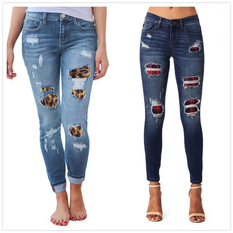 Skinny Denim Pencil Pants - Leopard Print