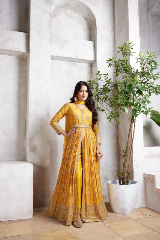 Holy Yellow Bhandhej Printed Premium Silk Anarkali Set